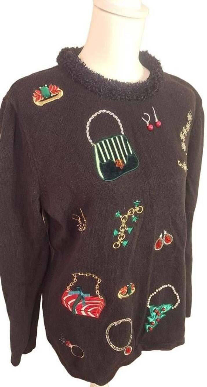 VTG Merry & Bright Christmas Sweater Petite XL Jewelry Purses, Gifts, - Picture 4 of 10